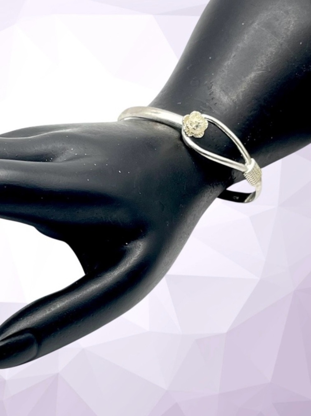 Estate Sterling Silver With Rose Accent Hook Bangle Bracelet